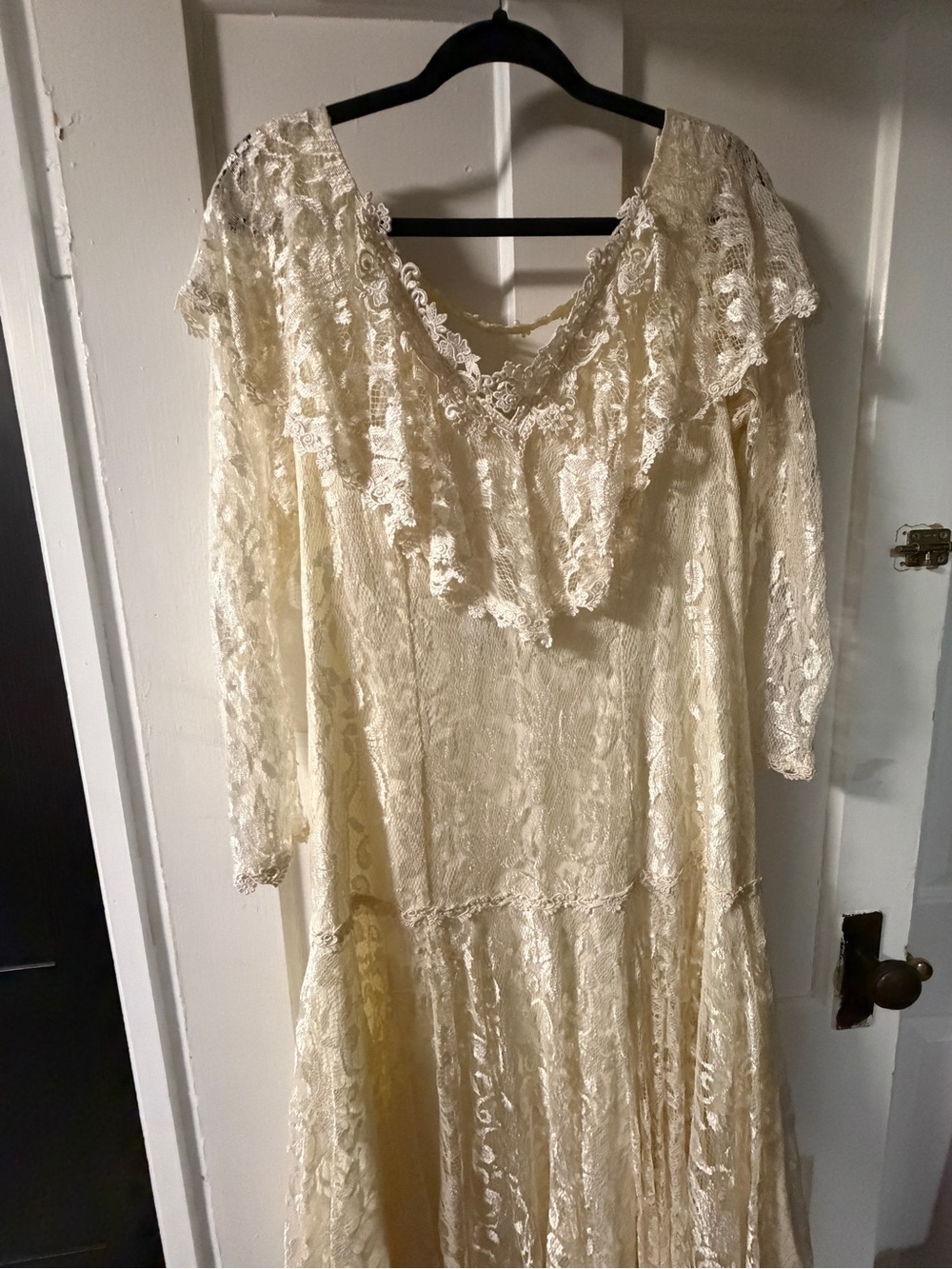 Ivory Lace Long-Sleeve Dress with Ruffle V-Neck Drop Waist Wedding